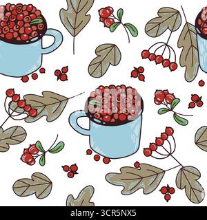 Seamless vector pattern of autumn leaves, cranberries and rowan twigs. All objects are hand-drawn, the illustration is suitable for printing on fabric Stock Vector