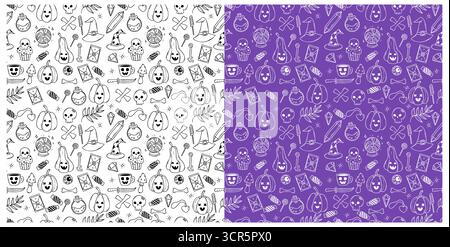 Outline Halloween Seamless pattern set. Witchcraft Pumpkin Jack lantern magic ball, Mystic Skull, Tarot, Magic crystal, Mushrooms. Isolated Line hand Stock Vector