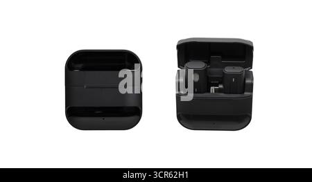 Black wireless microphone charging case, closed and open with two modules inside, isolated. Stock Photo
