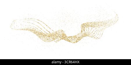 Golden curved dashed gradient net. Dynamic golden waves with small shimmer particles. Abstract stipple flow, shine undulate pattern. Vector dotted fly Stock Vector