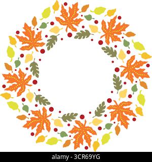 Autumn wreath of colorful leaves and berries. Kaleidoscope floral round ornament of leaves. Bright autumnal plant illustration. Seasonal decor for Tha Stock Vector