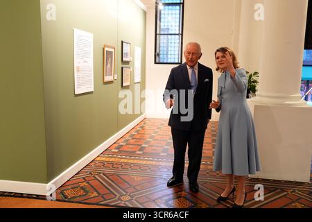 King Charles III with Aura Woodward, director of the Romanian Cultural Institute in London, during a visit to view the Queen Marie of Romania exhibition at the Garrison Chapel in London. Picture date: Monday September 29, 2025. Stock Photo