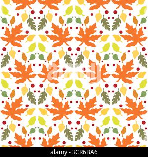 Autumn seamless pattern of orange maple leaves. Multicolored floral ornament of leaves on white background. Bright autumnal plant vector illustration. Stock Vector
