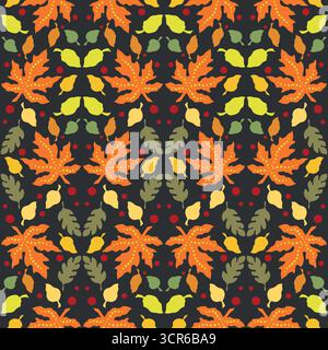 Autumn seamless pattern of orange maple leaves. Multicolored floral ornament of leaves on dark gray background. Bright autumnal plant vector illustrat Stock Vector