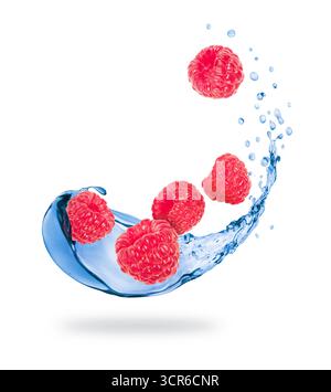 Raspberries with splashes of fresh water close-up on white background Stock Photo