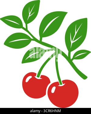Cherry branch with two fruits and green leaves. Flat vector red cherries illustration for summer food design and decorative projects Stock Vector