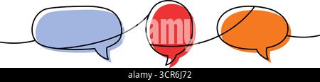 Continuous line art with three colorful speech bubbles in blue, red and orange. Minimalist outline design for communication and dialogue themes Stock Vector