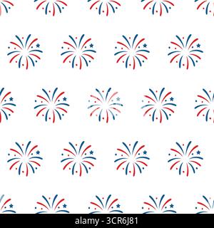 Seamless pattern of red and blue fireworks. Bursts with scattered dots on a white background Stock Vector