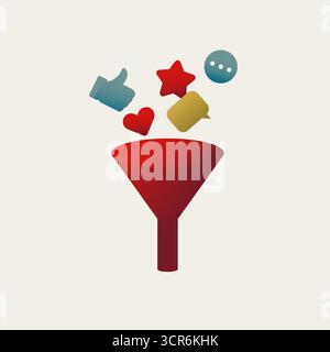 Concept illustration of a marketing funnel collecting social media engagement icons like hearts and likes. Represents content strategy, brand engageme Stock Vector