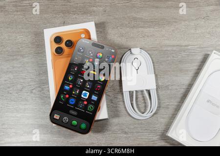 Apple iPhone 17 Pro with apps displayed, box, charger, and SIM card tool on wooden surface, unboxing Stock Photo