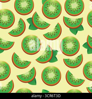 Cute Seamless kiwifruit Slices Pattern on light yellow background. Perfect for summer themed packaging, wrapping or fabric and digital design. Stock Vector