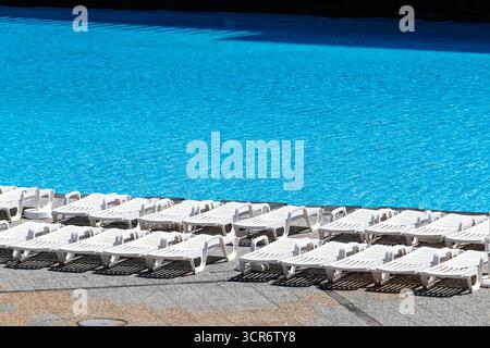 Empty poolside with numerous white sun loungers lined up on a sunny day beside a large tranquil blue swimming pool Stock Photo