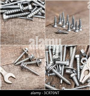 Various types of screws and fasteners arranged on a wooden surface for assembly tasks Stock Photo