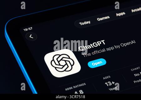 ChatGPT search result on iPad App Store using Apple Liquid Glass design in iOS 26, modern translucent UI. Stafford, United Kingdom, September 29, 2025 Stock Photo