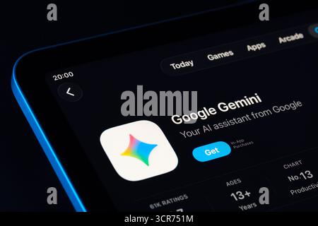 Google Gemini product screen on iPad, Apple Liquid Glass design under iOS 26 with updated icon and ratings. Stafford, United Kingdom, September 29, 20 Stock Photo