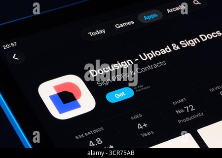 DocuSign Upload and Sign Docs viewed on iPad App Store, Apple Liquid Glass style in iOS 26 with new rounded glassy panels. Stafford, United Kingdom, S Stock Photo