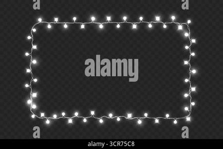 Christmas lights border glowing on transparent background. Silver festive rectangular frame for New Year or winter holiday design. White garland frame Stock Vector