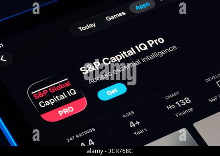 S and P Capital IQ Pro listing captured on iPad, Apple Liquid Glass look in iOS 26 highlights refreshed UI and typography. Stafford, United Kingdom, S Stock Photo