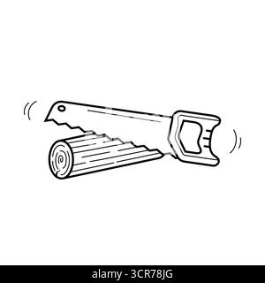 Hand saw sawing a tree. Hand drawn icon in sketch doodle style. Isolated vector illustration. Stock Vector