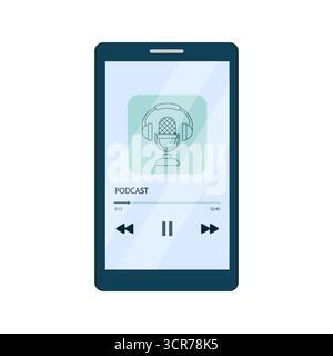Podcast concept. Smartphone with an application for listening to podcasts on the screen. Vector illustration in flat cartoon style. Stock Vector