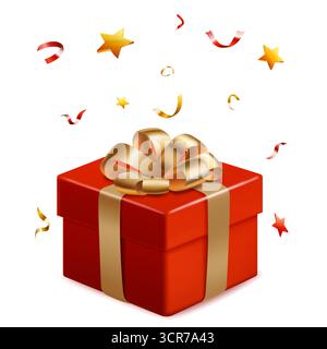 Vibrant digital illustration of a red gift box adorned with a gold ribbon and bow, set against a white background with floating stars and confetti. Stock Vector