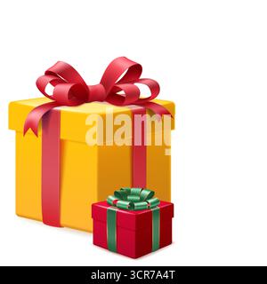 Illustration of two gift boxes, one large yellow with red ribbon and one small red with green ribbon, on a plain white background, in a realistic styl Stock Vector