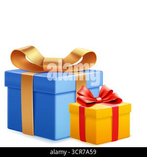A digital illustration of two gift boxes, one blue and one yellow, with ribbons and bows on a white background. Stock Vector