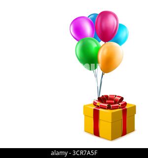 A yellow gift box adorned with a red ribbon and bow, surrounded by six colorful balloons on a white background. Stock Vector