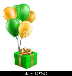 Illustration of a green gift box adorned with a gold ribbon and surrounded by floating green and gold balloons against a white background. Stock Vector