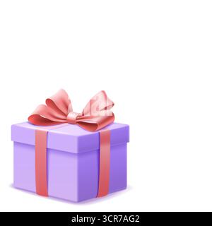 Detailed illustration of a purple gift box adorned with a pink ribbon and bow, on a white background. Stock Vector
