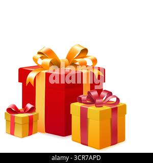 Detailed illustration of gift boxes in red and yellow hues, adorned with bows, set against a clean white background. Stock Vector