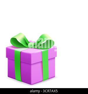 A purple gift box adorned with a green ribbon and bow on a white background. Stock Vector