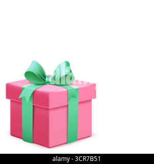 A pink gift box adorned with a green ribbon and bow, set against a plain white background. Stock Vector