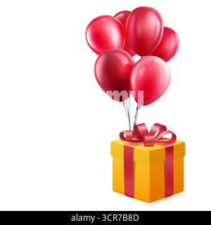 Gift box with red ribbon and shiny red balloons on a white background, in a realistic style. Stock Vector