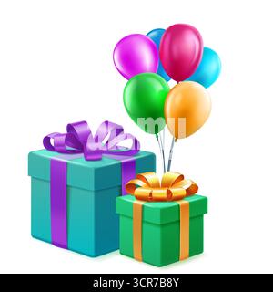 Digital artwork featuring teal and green gift boxes with metallic ribbons and colorful balloons on white background. Stock Vector