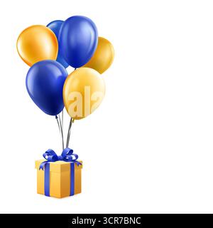 A yellow gift box adorned with a blue ribbon and bow, accompanied by six balloons in yellow and blue hues, on a white background. Stock Vector