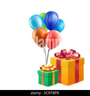 Vibrant illustration of balloons and gift boxes on a white background with shiny and ribbon details. Stock Vector