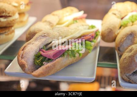 Fresh sandwich with assorted meats and vegetables displayed Stock Photo
