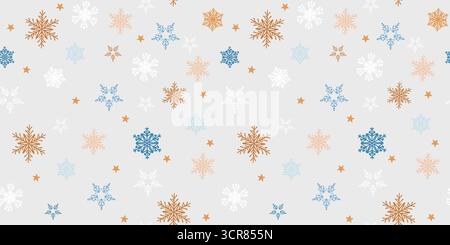 Colorful Retro Christmas Hand Drawn Seamless Pattern with Cute Geometrical Snowflakes. Winter backdrop with falling snow, simple design perfect for Stock Vector