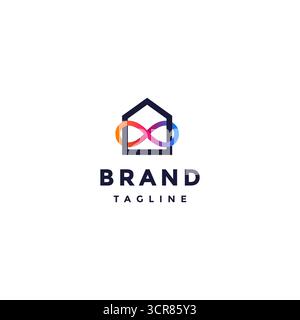 Colored Infinity Lines Bind Home Logo Design. House Lines In Loop Symbol Bind Logo Design. Stock Vector