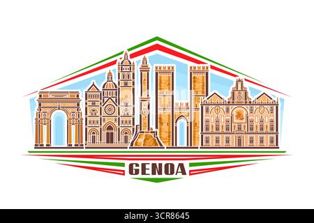 Vector illustration of Genoa, horizontal decorative sign with linear design historical genoa city scape on day sky background, urban patriotic line ar Stock Vector