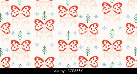 Girly Christmas Seamless Pattern with Festive Bows, Christmas Trees, Snowflakes and Falling Snow Isolated on Light Background. Colorful background Stock Vector