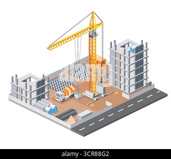 Isometric skyscraper construction site with tower crane, concrete mixer truck, building frames, materials, and road. Modern urban development process Stock Vector
