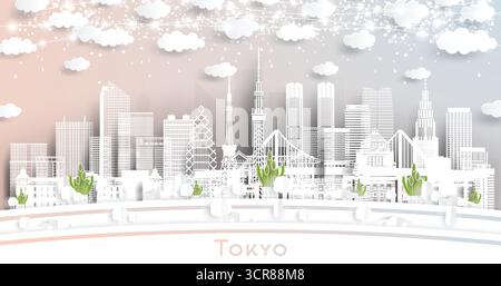 Tokyo. Japan. Winter city skyline in paper cut style with white buildings, snowflakes and neon garland. Christmas and new year. Tokyo cityscape. Stock Vector