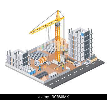 Isometric skyscraper construction site with workers, tower crane, trucks, and building frames. Modern urban architecture and engineering process. Stock Vector