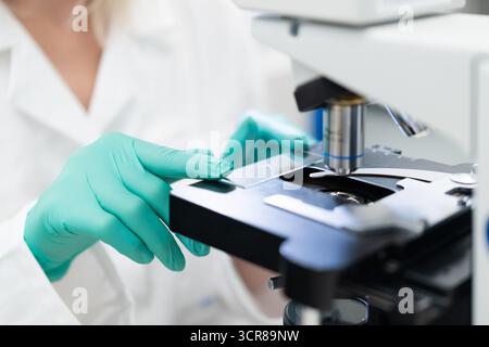 Close up scientist examining samples using optical microscope.  Stock Photo