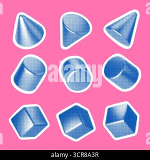 Halftone geometric shapes set. Retro 3D cone, cylinder, cube, prism icons in sticker style for pop art, poster, education and abstract design Stock Vector