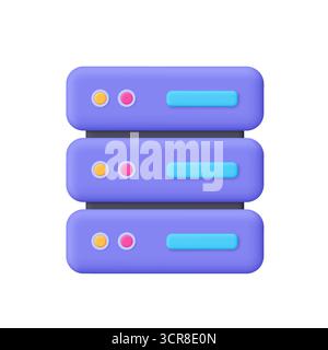 Purple server with units. Data memory and data center. Data storage, cloud computing, database, IT and web hosting concept. 3d vector icon. Cartoon mi Stock Vector