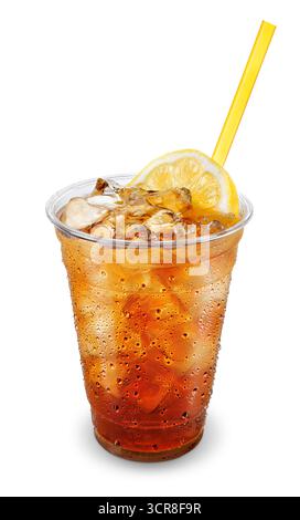 Iced tea in fogged disposable plastic cup with wedge of lemon and straw isolated on white background Stock Photo