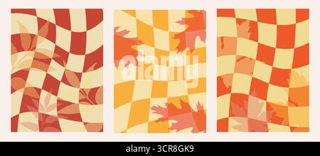 Autumn Retro Groovy Style Checkered Background Set Stock Vector
